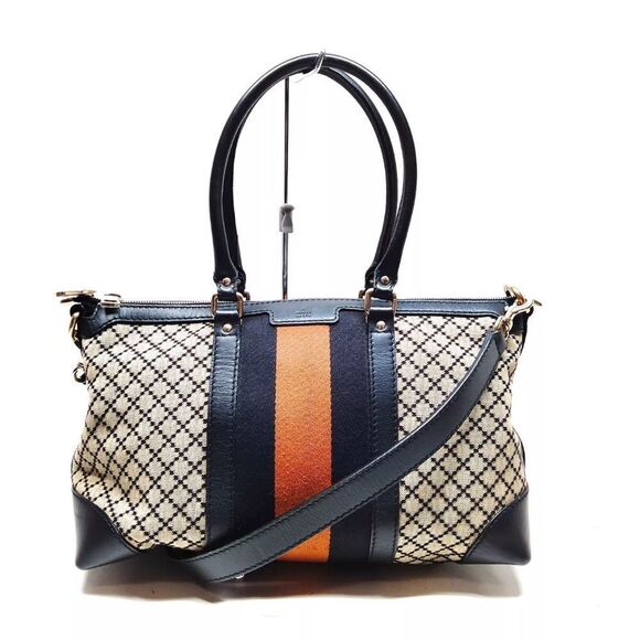 Auth Gucci Black Beige Diamanté Canvas Leather Trim Web 2way Joy Tote Bag